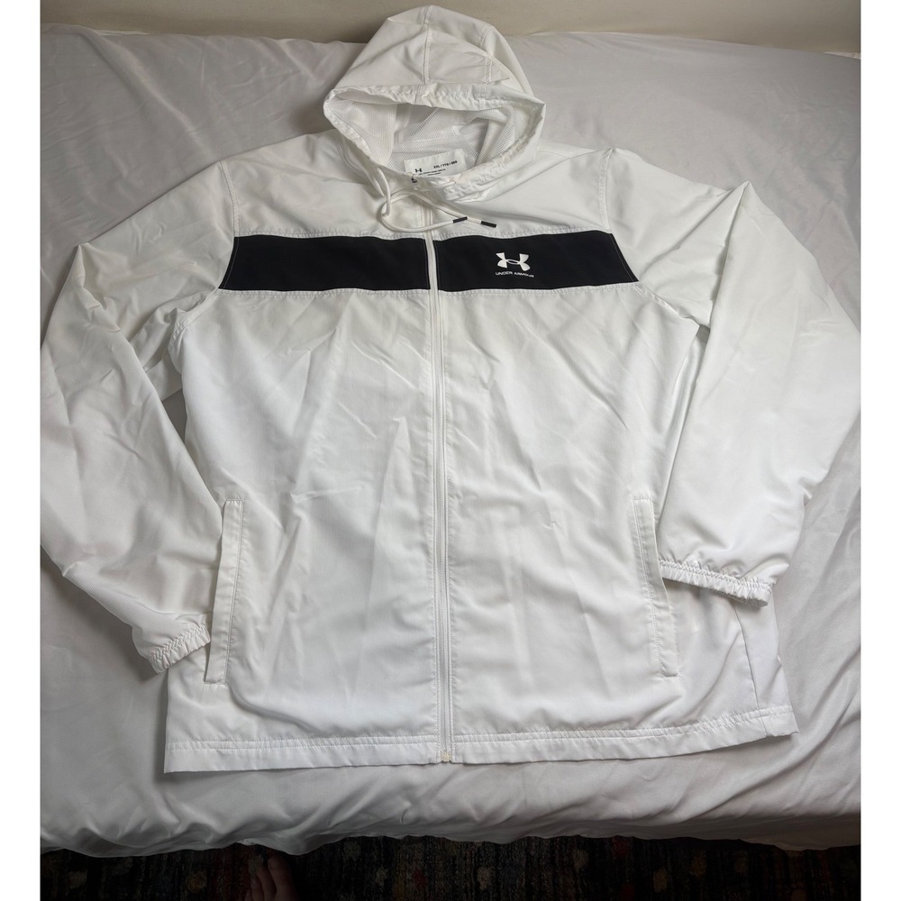 Under Armour Windbreaker Jacket Mens XXL White Excellent Hooded Mesh Lined Zip